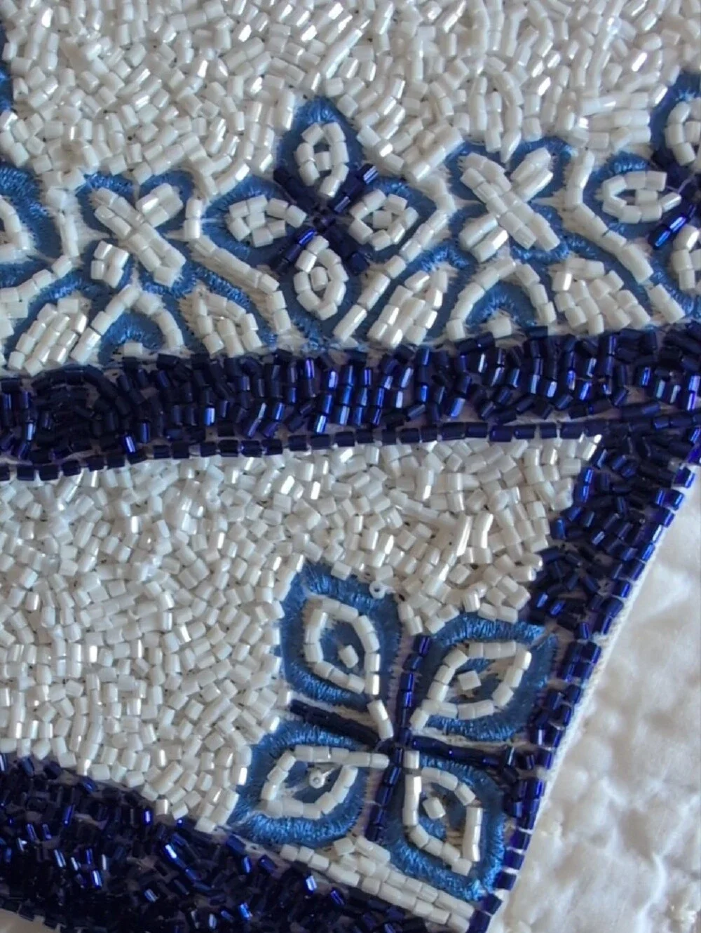 Beaded White and Blue Envelope Clutch Bag - Elegant Tassel Detail